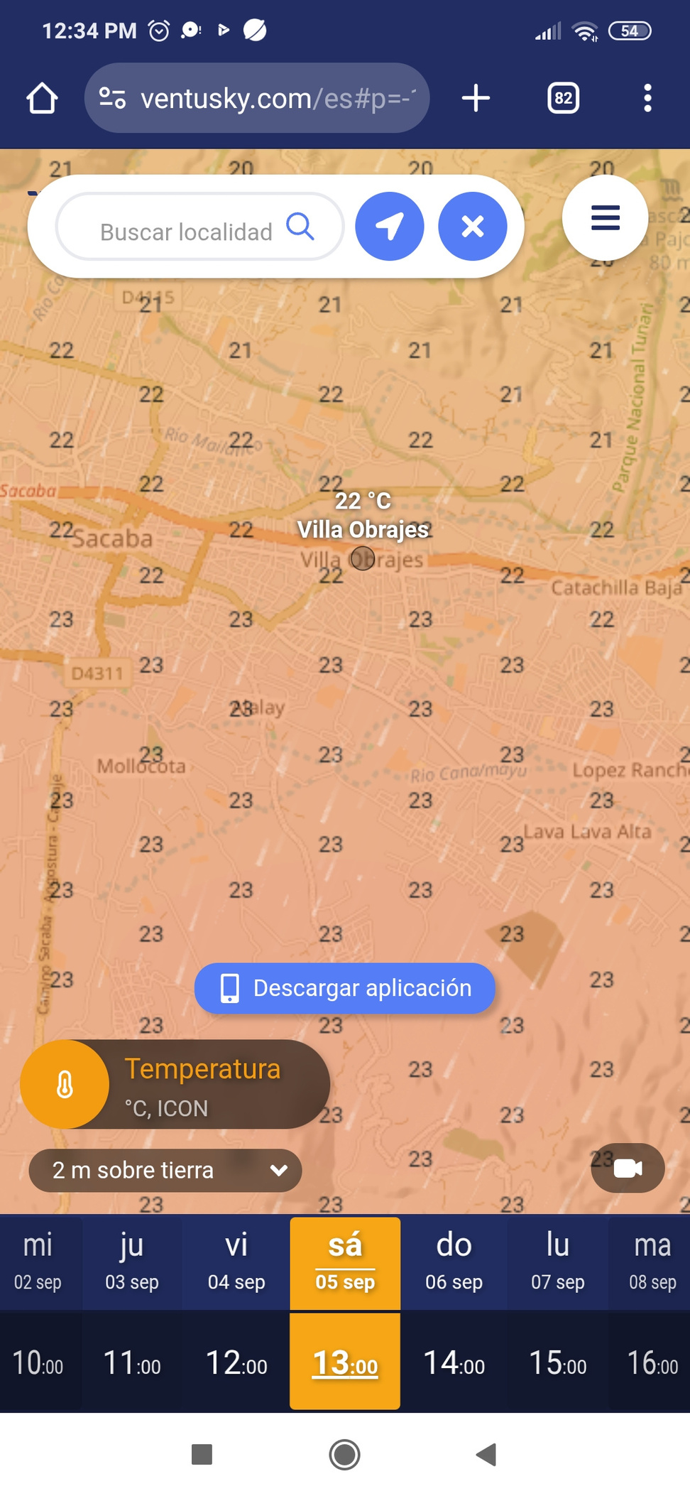 Mapa de temperatura de Ventusky centrado en Sacaba, Bolivia